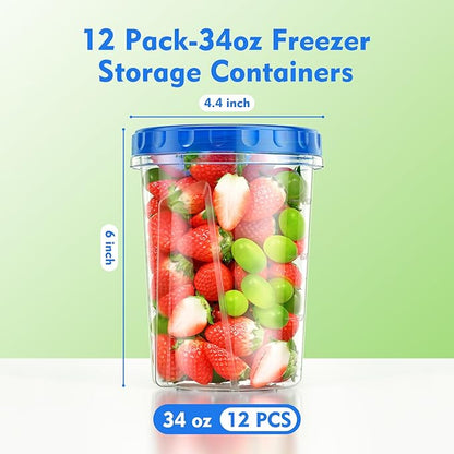BiuLeon 12 Pack-34oz Freezer Storage Containers, Plastic Food Storage Containers with Twist Top Lids, BPA Free and Reusable Soup Containers with Lids, Leakproof/Microwave/Dishwasher Safe