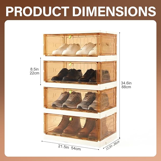 Shoe Rack Organizer for Entryway/Closet,Stackable Magnetic-Door Shoe Boxes,Foldable Space-Saving Sneaker&Boot Containers,Thichen&Sturdy Plastic Cabinet 4 Tiers 8 Pairs,Taupe