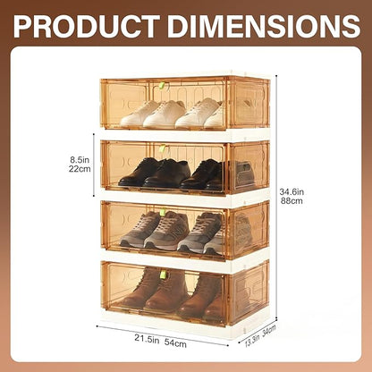 Shoe Rack Organizer for Entryway/Closet,Stackable Magnetic-Door Shoe Boxes,Foldable Space-Saving Sneaker&Boot Containers,Thichen&Sturdy Plastic Cabinet 4 Tiers 8 Pairs,Taupe