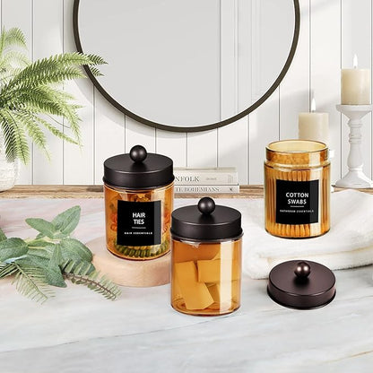 3 Pack Apothecary Jar Canisters Bathroom Vanity Organizer - Qtip Holder Storage Organizer Set Countertop Canister with Stainless Steel Lids &Cute Stickers for Qtips,Cotton Swabs,Makeup Sponges,Floss