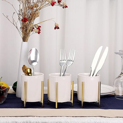 JUXYES Pack of 3 Ceramic Silverware Holder For Party Table, White Cutlery Holder Holder With Golden Metal Bracket, Small Flatware Caddy Organizer Utensil Holder Organizer for Kitchen Dining Tables