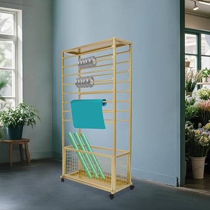 16-Tier Double-Sided Ribbon Holder Organizer Rack with Storage Basket & Wheels, Multifunctional Flower Wrapping Paper Display Stand for Craft Rooms, Flower Shops (Gold, 31.5''W x 12.6''D x 59.06''H)
