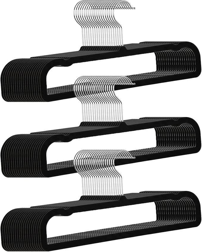 60 Pack Black Velvet Pants Hangers, Flocked Pants Hangers, Felt Clothes Hanger Heavy Duty Non Slip, Space-Saving Clothing Hanger with 360 Swivel Hook for Coat Jeans Shorts Skirts Tank Top