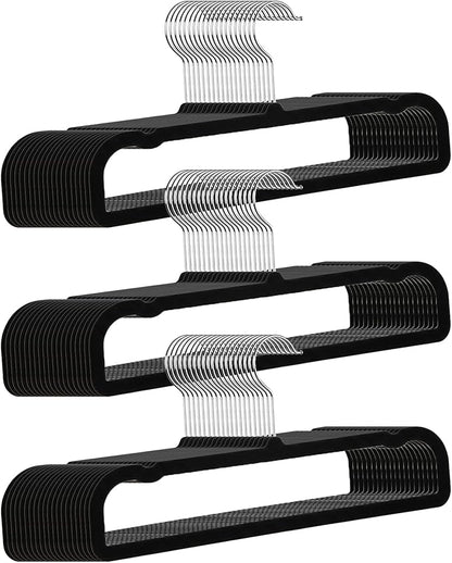 60 Pack Black Velvet Pants Hangers, Flocked Pants Hangers, Felt Clothes Hanger Heavy Duty Non Slip, Space-Saving Clothing Hanger with 360 Swivel Hook for Coat Jeans Shorts Skirts Tank Top
