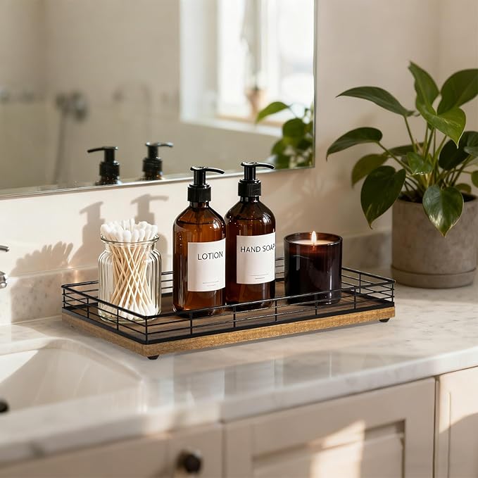 Large Bathroom Vanity Tray – 13" x 8" Acacia Decorative Wooden Tray for Bathroom Countertop & Vanity Organizer, Wood Tray for Perfume, Skincare Accessories Storage Vanity Dresser Decor Black & Acacia