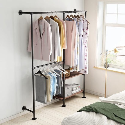 Industrial Pipe Clothes Racks with Black Shelves, Industrial Pipe Black Clothing Rack with Double Hanging Rods, Heavy Duty Wall Mounted Clothing Rack Rod for Closet Storage, Bedroom