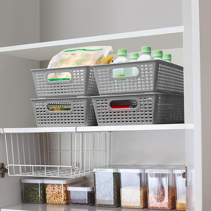 Tiawudi Stackable Woven Plastic Basket, Storage Bins for Cabinet, Closet, Shelf, Under Sink and Countertop, Pantry Organizer Bins, 6 Pack