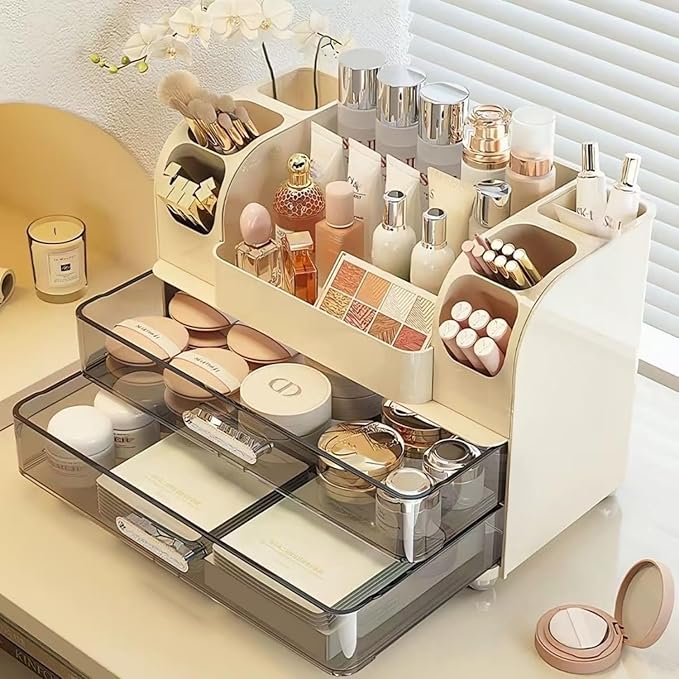 Makeup Organizer with 2 Drawers, Cosmetic Display Case, Storage Holder for Vanity, Bathroom Counter, Desk, Beauty Supplies (Cream)