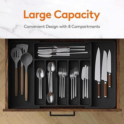 silverware drawer organizer, expandable silverware storage, utensil organizer, durable plastic cutlery storage box for forks, spoons, and knives - kitchen essentials for new home (black)