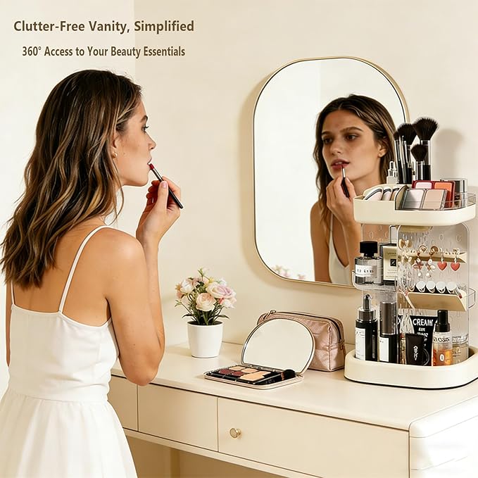 360 Spinning Rotating Makeup Organizer for Vanity with Adjustable Trays Lipstick Earring Storage Makeup Desk Storage Carousel Rack, Cosmetic Display Cases for Dresser Bathroom Holder (Cream)