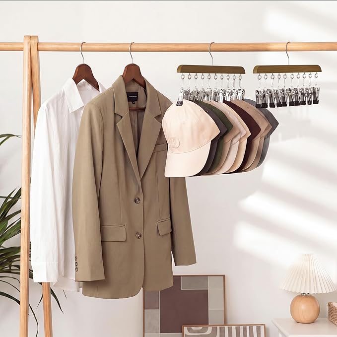 StorageWorks 4 Pack Hat Rack, Closet Organizer and Storage for Baseball Caps,Hat Hanger with 10 Adjustable Stainless Steel Clips, Fits All Caps, Natural Walnut Color