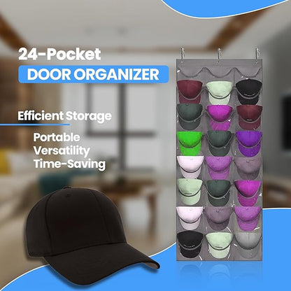 Hat Rack Premium Quality, Organizer for Wall or Door, 24 Clear Deep Pockets, Storage for Caps, Hooks Included, Large Pockets for Multiple Baseball, Golf, and Sports Caps Organization, grey