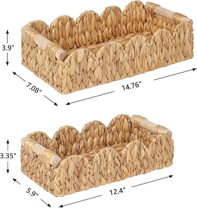 Kriitools Decorative Toilet Paper Storage Basket, Modern Farmhouse Home Decor Scalloped Basket for Organizing, Pantry Baskets for Shelves, Countertop, Living Room, w/Wood Handles, Natural, 2 Sizes