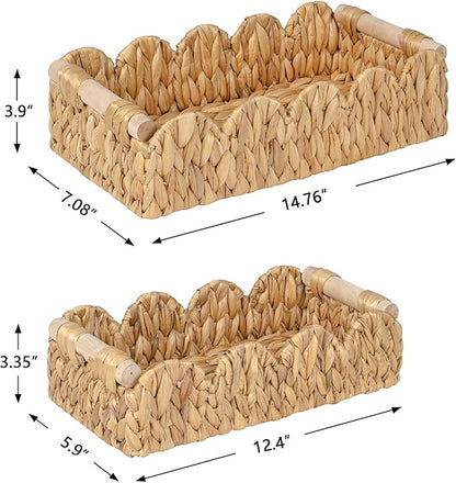 Kriitools Decorative Toilet Paper Storage Basket, Modern Farmhouse Home Decor Scalloped Basket for Organizing, Pantry Baskets for Shelves, Countertop, Living Room, w/Wood Handles, Natural, 2 Sizes