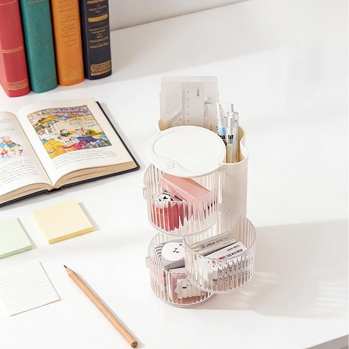 Hair Accessories Organizer with Hair Brush Holder, Rotatable Makeup Brush Holder for Necklaces, Earring, Bracelet, Ring, Makeup Brushes, Hair Clip and Hair Accessories (3-layer -White)