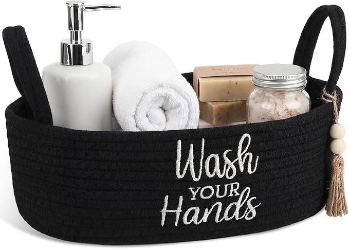 Wash Your Hands Bathroom Decoration Black Cotton Rope Toilet Basket Toilet Paper Holder Basket Rustic Bathroom Organizer Farmhouse Home Decoration Organizing Small Baskets