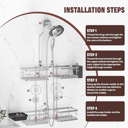 REINHARDT Adjustable Shower Caddy Hanging Rustproof Shower Caddy for Handheld Showerheads, Shower Organizer with Hooks Soap Holder, Anti-Swing Shower Rack Bathroom Accessories, Silver