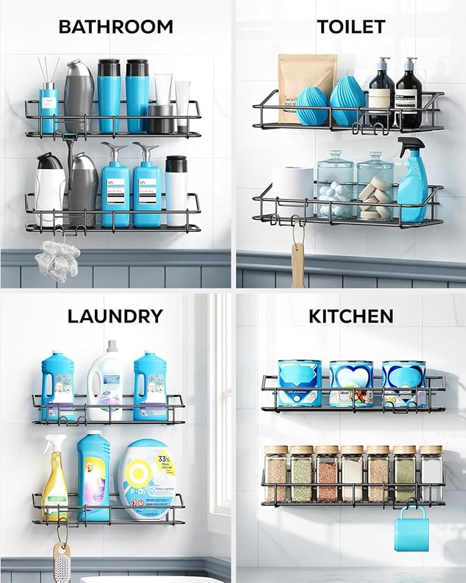 Nieifi Shower Caddy Shelf with Hooks Storage Rack Organizer Adhesive Stainless Steel Without Drilling for Bathroom, Lavatory, Washroom, Restroom, Shower, Toilet, Kitchen - 2 Pack (Black)