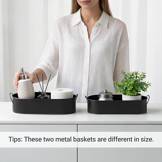 Mkono Metal Storage Basket for Toilet Tank Top Bathroom Decor, Galvanized Tray with Handle for Shelves, Farmhouse Toilet Paper Holder Organizing Bin Box for Countertop Living Room, Set of 2, Black