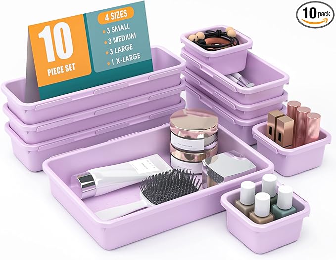 10 PCS Drawer Organizer Set, 4 Size Makeup Drawer Divider Organizer With Non-Slip Pads, Interlocking Plastic Storage Bins for Office,Jewelry Vanity,Gadgets, Bathroom,Kitchen, Purple