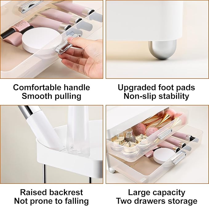 DASITON 4 Tiers Makeup Organizer, 2 Drawers Large Cosmetic Organizers for Vanity Bathroom Countertop, Bathroom Organizers and Storage for Skincare, Cosmetic, Perfume, Dresser Organizer (White+Clear)
