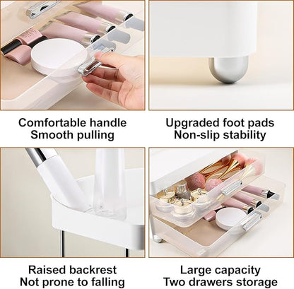 DASITON 4 Tiers Makeup Organizer, 2 Drawers Large Cosmetic Organizers for Vanity Bathroom Countertop, Bathroom Organizers and Storage for Skincare, Cosmetic, Perfume, Dresser Organizer (White+Clear)