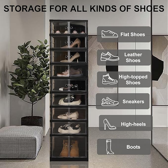 SYNCVIBE Shoe Rack Organizer for Closet Entryway Foldable Sneaker Storage Shoe, Collapsible Shoe Cabinet, Stackable Shoe Storage Cabinet with Lids for Living Room (9 Tiers -18 Pairs Black)