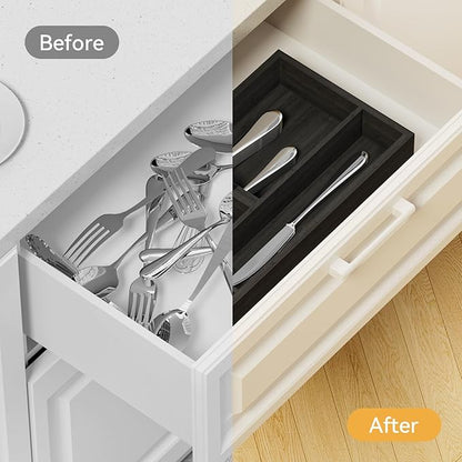 Yofidra Bamboo Silverware Organizer, 12.6 x 6.97 x 1.96 Inches Kitchen Utensil Drawer Organizer, Silverware Tray for Drawer with Fixed Slots for Spoons, Forks & Knives, Natural (Black)