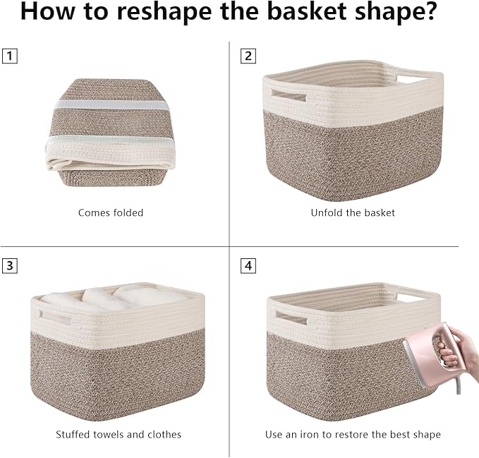 OIAHOMY 4 Pack Storage Baskets for Organizing, Basket for Shelves with Handle, Woven Baskets for Storage Toys, Towels, Books, Cotton Rope Basket 13" L x 9 " W x 7.8 " H, Deep Brown & White