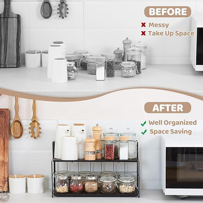 Edergoo Bathroom Counter Organizer 10s Tool-Free Install, 2 Tier Bathroom Organizers and Storage, Collapsible Bathroom Organizer Countertop, Wood Bathroom Kitchen Countertop Organizer, Black