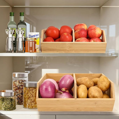2 Set Pantry Organizers and Storage Bins, Bamboo Stackable Baskets for Potatoes, Onion, Bread, Vegetables - Bamboo Pantry Organizer Containers for Drawer, Cabinet, Countertop