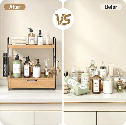 2 Tier Bathroom Counter Organizer Wood - Tiered Bathroom Countertop Shelf with Drawer, Removable Basket & 2 Hooks, Makeup Vanity Organizer for Skincare Perfume Toiletries, 13'' Wood