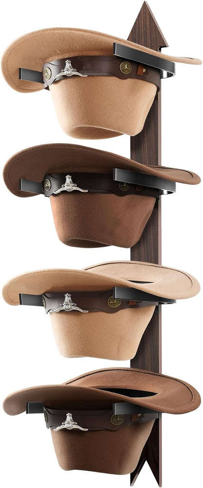 Cinati Cowboy Hat Rack Wall Mount - Rustic Wooden Western Metal Cowboy Hat Holder & Hanger Organizer with Arrow Sign Board for Bedroom, Hallway & Doorway - Holds 4 Hats, Fedora, Sun Hats, Gift for Him