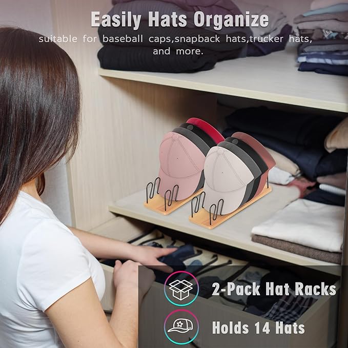 UdoUto Hat Organizer for Baseball Caps-2 PacK | Wood & Metal Hat Rack Holds 14 for Baseball Caps | Space-Saving Closet Shelf Organizer for Bedroom, Dresser, Entryway