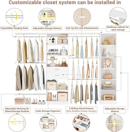 Besiost Closet System - 9.4FT/112" Closet Organizer System with Wooden Drawers,Closet Systems for Walk-In Closets with Hang Rods and Open Cabinet