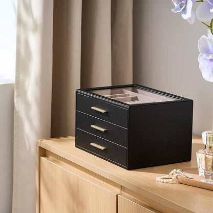 pickpiff Jewelry Box Organizer Case for Women: 3-Layer Jewelry Storage Case with Glass Window, Black Leather with Blush Velvet, Holder for Ring Necklace Bracelet Brooch Watch, Great Gift for Her