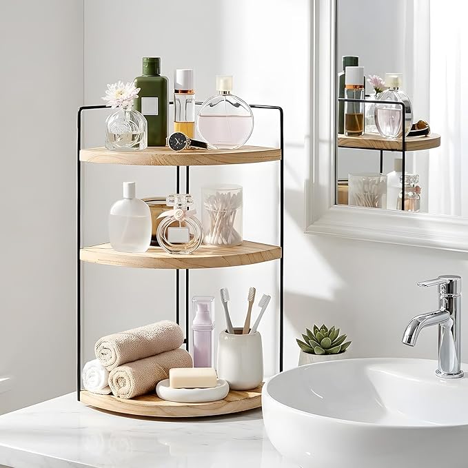 Corner Bathroom Counter Organizer Countertop Brown, 3-Tier Corner Shelf Wood Vanity Tray Easy Assembly Space Saving Shelf for Kitchen, Bathroom, Dresser, Makeup, Office