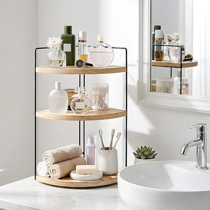 Corner Bathroom Counter Organizer Countertop Brown, 3-Tier Corner Shelf Wood Vanity Tray Easy Assembly Space Saving Shelf for Kitchen, Bathroom, Dresser, Makeup, Office
