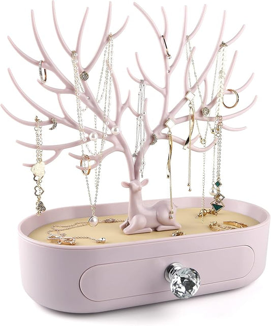 MORE&LESS Antlers Jewelry Display Stand with Drawer and Crystal Handle, Tree Tower Rack Hanging Organizer for Ring Earrings Necklace Bracelet