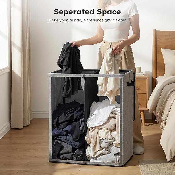 SOLEDI Double Laundry Basket with Lid and Removable bag, Large Laundry Hamper 2 Section with handles, Collapsible Dirty Clothes Hampers for Laundry, Bedroom, Dorm, College