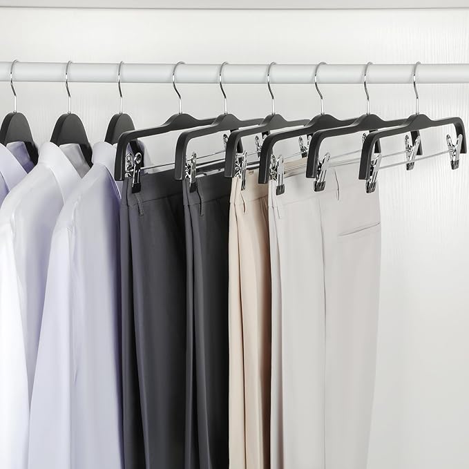 TOPIA HANGER Wooden Pants Hangers, Slim Black Wood Skirt Hangers with Anti-Rust Hook and 2 Adjustable Metal Clips Perfect for Skirts, Pants, Slacks, Shorts, Trouser, Jeans, 20 Pack, CT17B20
