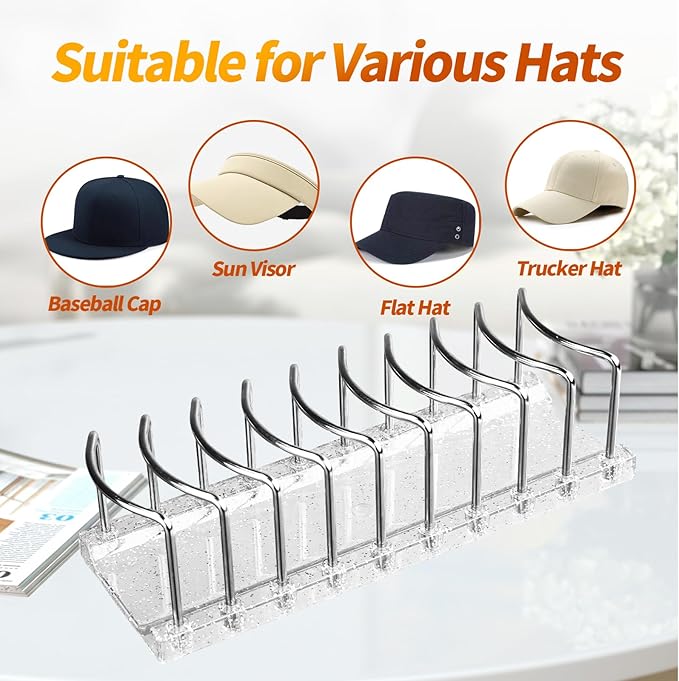 Baseball Cap Organizer Rack, 2-Pack (Holds 18 Caps) — No Installation Required, Anti-Tip, Stainless Steel, Freestanding Hat Organizer for Countertop, Dresser Top, Closet Shelf & Bedroom