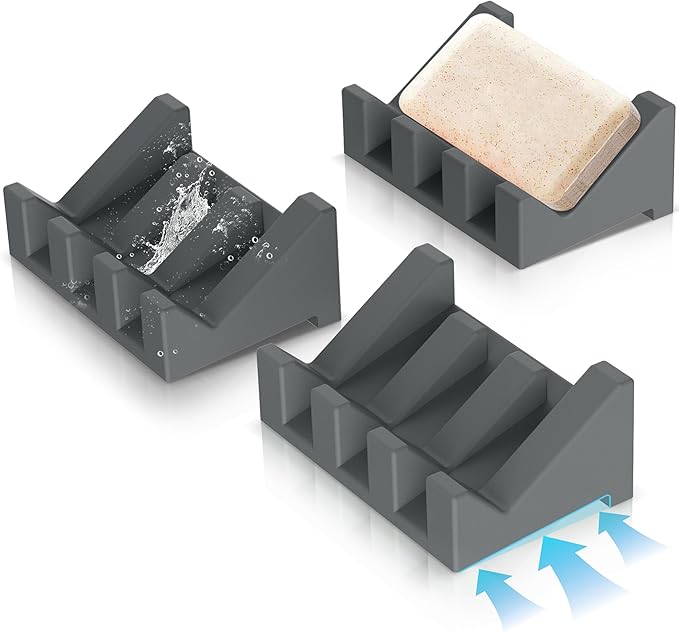 Silicone Soap Holder Self Draining Waterfall Drying Tray,Soap Dish for Shower Wall with Draining Easy to Clean and Store(3PCS), 3.8 x 2.8inch, 3*Dark Gray