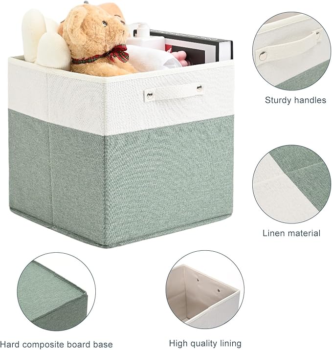 FinishingBo 13 x 13 Inch Fine Linen Storage Bins with Handles，Fabric Cube Boxs，Basket Organizers for Shelves for Home, Closet Drawers (White/Green-4 Pack )