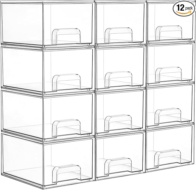 Vtopmart 12 Pack Small Clear Stackable Storage Drawers, Acrylic Bathroom Makeup Organizer, Plastic Storage Bins For Vanity, Undersink, Kitchen Cabinets, Pantry, Home Organization