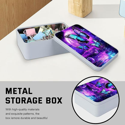 Metal Tin Box with Lid for Game Cards Home Organizer Candles Keys Crafts Storage - Equipped with 4 Magnetic Cord Clips，Purple Moon Blue Butterfly