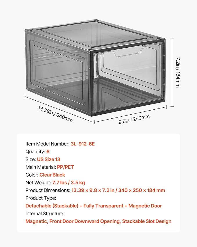 VEVOR Shoe Storage Boxes, 6 Pack Clear Stackable Shoe Boxes Storage Organizers with Magnetic Door, Fit up to US Size 13, Plastic Sneaker Containers for High Heels, Boots, and Hats, Transparent Black