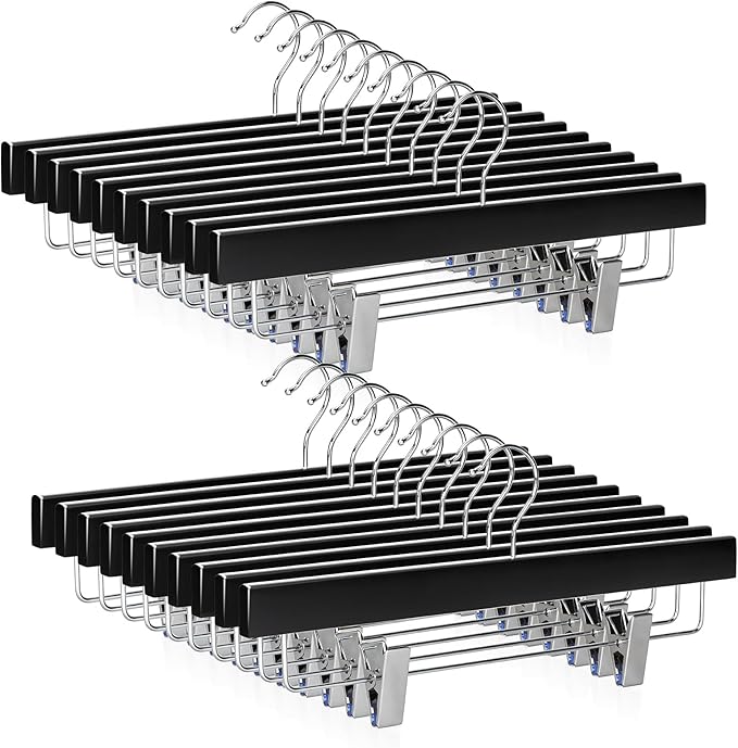 TOPIA HANGER Black Wood Pants Hangers, Wooden Skirt Short Jeans Trouser Hanger with Smooth Surface 360° Swivel Hook Anti Rust 2 Adjustable Clips, 20 Pack, CT10PB20
