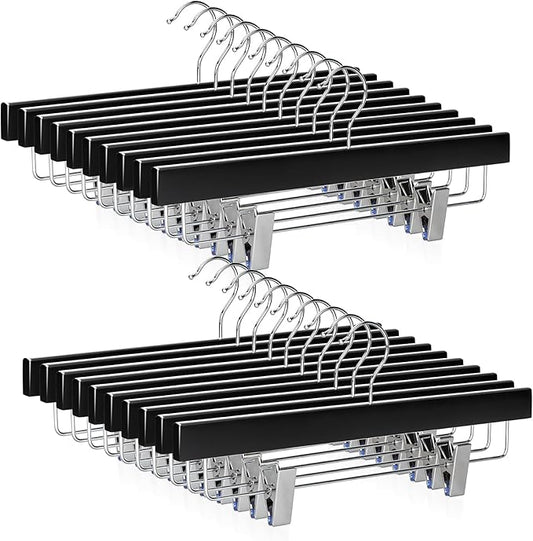 TOPIA HANGER Black Wood Pants Hangers, Wooden Skirt Short Jeans Trouser Hanger with Smooth Surface 360° Swivel Hook Anti Rust 2 Adjustable Clips, 20 Pack, CT10PB20