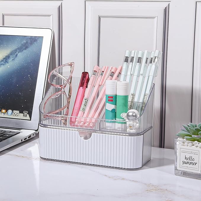 DASITON Makeup Organizer with Drawers, 2 Tier Stackable Organizer for Cosmetics, Skincare, Lipsticks, Makeup Brush, Acrylic Small Makeup Organizers for Vanity Bathroom Countertop Desk Storage (White)